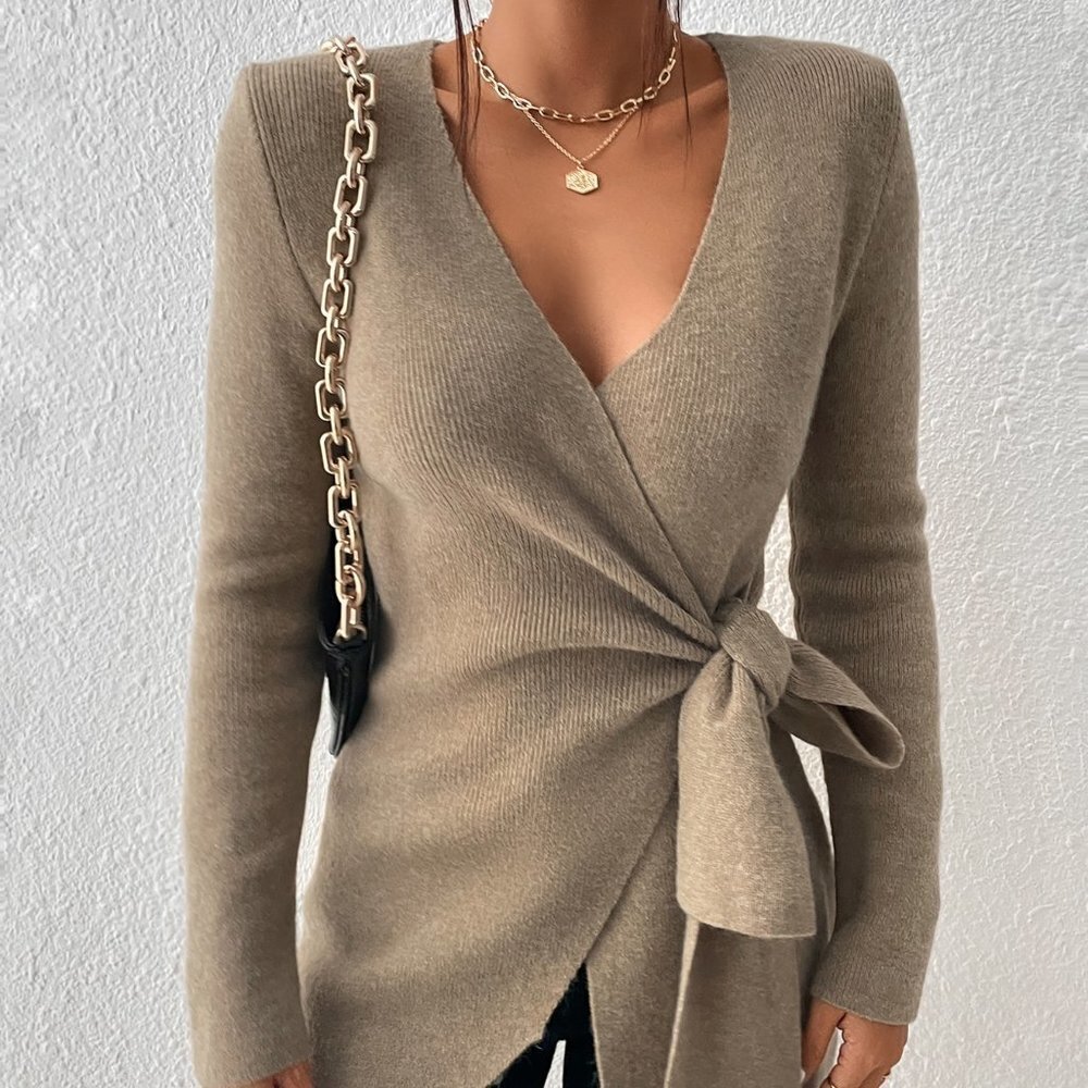 Khaki Casual Preppy Womens Wrap Knot Side Sweater